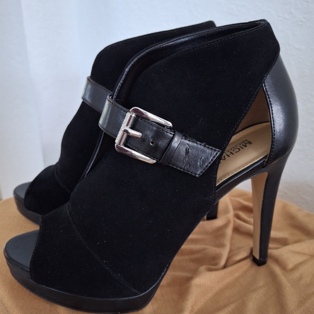 Michael Kors Black Suede Peep-Toe Buckle Stiletto Booties